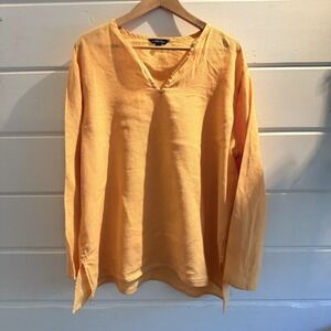 LL Bean Shirt Women Size 2X Tunic Top Popover Long Sleeve Orange 100% Linen